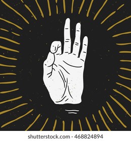 Meditation hand gesture symbol with rays. Vector logo / label / tattoo