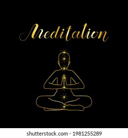 Meditación con la frase vectorial escrita a mano. Grabado de tinta dorada aislado sobre fondo negro. Caligrafía del pincel. Diseño de texto para estudio, centro, banner, impresión, postal, plantilla, lección.