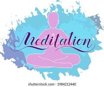 Meditación con la frase vectorial escrita a mano. Grabado de tinta negra aislado sobre fondo blanco. Caligrafía del pincel. Diseño de texto para estudio, centro, banner, impresión, postal, plantilla, lección.