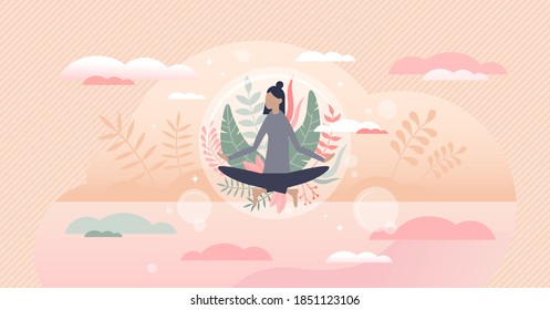 Meditation harmony and balance as floating peace bubble tiny person concept. Abstract scene with female flying above ground from physical relaxation, calmness and mental wellness vector illustration.