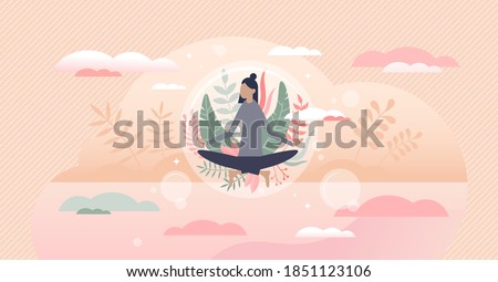 Meditation harmony and balance as floating peace bubble tiny person concept. Abstract scene with female flying above ground from physical relaxation, calmness and mental wellness vector illustration.