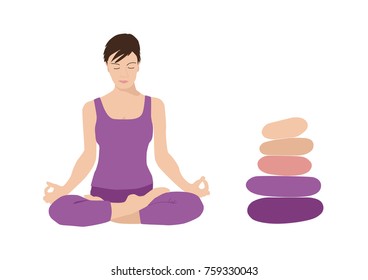 Meditation, Harmony And Balance, Woman With Short Brown Hair Practicing Yoga, Lotus Position Padmasana, Stone Cairn Stack With Five Pebbles