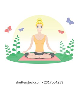 Meditation in harmony with the beautiful nature around us, good mood, girl, lady, plasticity, flexibleness, health, immunity, smile, vector, illustration, health, isolated