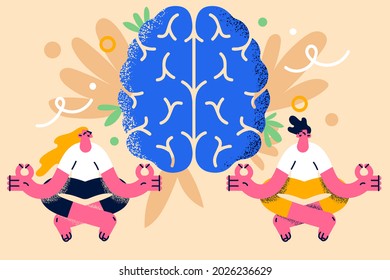 Meditation, harmony, brain health concept. Young smiling couple woman and man sitting meditating with fingers crossed and huge blue brain at background vector illustration 