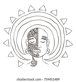 Meditation head with sun aura. Vector illustration. Mask decorative composition.