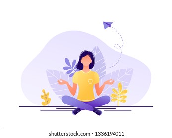 Meditation, health benefits for body, controlling mind and emotions, inception and the search for ideas. Woman are sitting in the lotus position. Flat concept vector illustration