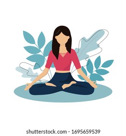 Meditación, beneficios de salud para el cuerpo, control de la mente y las emociones. Ilustración vectorial. Mujer meditando en la naturaleza. Relájese, relájese, disfrute de un estilo de vida saludable.