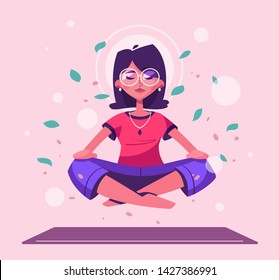 Meditation health benefits for body, mind and emotions. Cartoon vector illustration. Female character. Woman flies. Yoga lotus pose practice. Office worker avoid stress