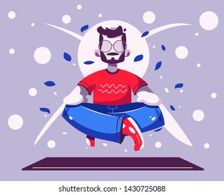 Meditation health benefits for body, mind and emotions. Cartoon vector illustration. Male character. Man flies. Yoga lotus pose practice. Office worker avoid stress