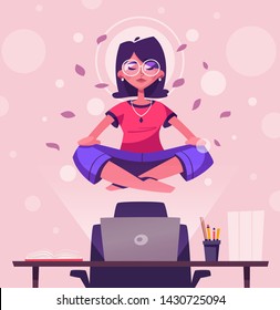 Meditation health benefits for body, mind and emotions. Cartoon vector illustration. Female character. Woman flies. Yoga lotus pose practice. Office worker avoid stress