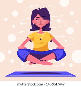 Meditation health benefits for body, mind and emotions. Cartoon vector illustration. Female character. Woman flies. Yoga lotus pose practice. Office worker avoid stress