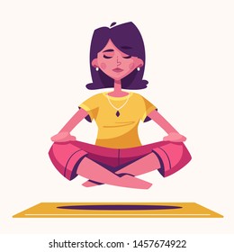 Meditation health benefits for body, mind and emotions. Cartoon vector illustration. Female character. Woman flies. Yoga lotus pose practice. Office worker avoid stress