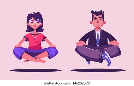 Meditation health benefits for body, mind and emotions. Cartoon vector illustration. Couple characters fly. Yoga lotus pose practice. Office workers avoid stress