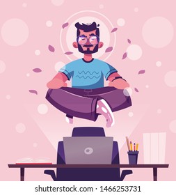 Meditation health benefits for body, mind and emotions. Cartoon vector illustration. Male character. Man flies. Yoga lotus pose practice. Office worker avoid stress