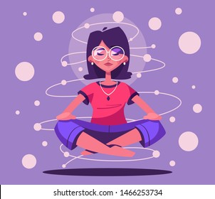 Meditation health benefits for body, mind and emotions. Cartoon vector illustration. Female character. Woman flies. Yoga lotus pose practice. Office worker avoid stress