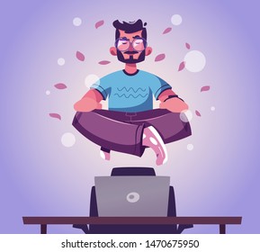 Meditation health benefits for body, mind and emotions. Cartoon vector illustration. Male character. Man flies. Yoga lotus pose practice. Office worker avoid stress