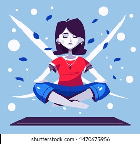 Meditation health benefits for body, mind and emotions. Cartoon vector illustration. Female character. Woman flies. Yoga lotus pose practice. Office worker avoid stress