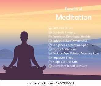 Meditation health benefits for body, mind and emotions, vector infographic with icons set