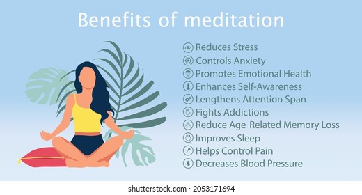 Meditation health benefits for body, mind and emotions, vector infographic with icons set