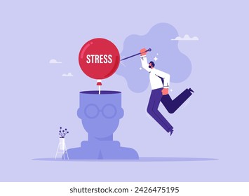 Meditation to help reduce stress concept, stress management, relaxation to relieve anxiety or anger from your brain, businessman holds a needle and a red balloon with the word stress