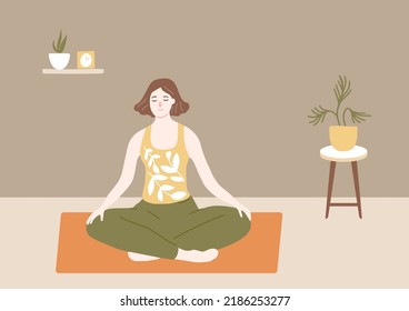 Meditation at home, cozy room interior. Woman sits in lotus pose on yoga mat. Flat vector illustration