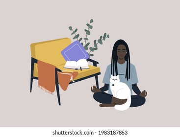 Meditation at home, a young female Black character sitting on the floor in the living room with a cat on their lap