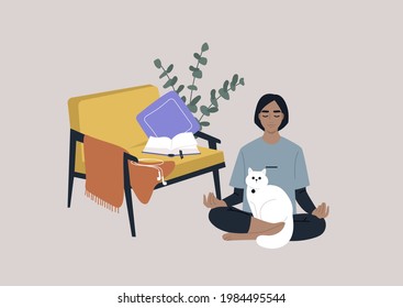 Meditation at home, a young female character sitting on the floor in the living room with a cat on their lap