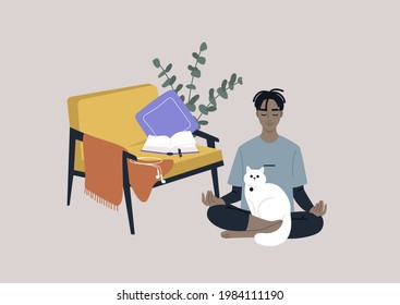 Meditation at home, a young male Black character sitting on the floor in the living room with a cat on their lap