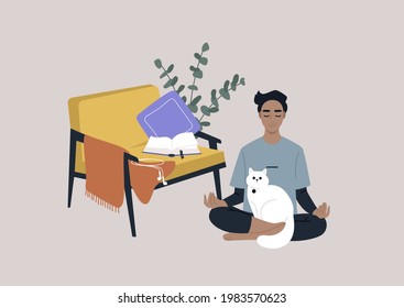 Meditation at home, a young male character sitting on the floor in the living room with a cat on their lap