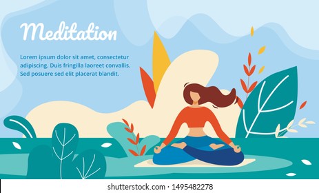 Meditation Horizontal Banner. Summer Yoga Time Physical Activity Aimed at Maintaining Overall Physical Fitness. Girl Meditate in Lotus Position on Nature Background. Cartoon Flat Vector Illustration