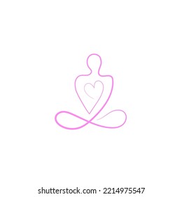 Meditation human being with heart, one line illustration, web icon. Continuous line meditation pose. Logo element. Calm, awareness symbol, minimal vector icon. 