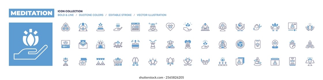 Meditation icon collection. Bold line style. Duotone colors. Editable stroke. meditate, meditation, lotus, wellness, yoga, yogapose, thirdeye, love, lotusflower, aroma.