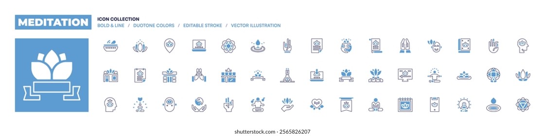 Meditation icon collection. Bold line style. Duotone colors. Editable stroke. drop, meditation, laptop, internationaldayofyoga, surya, poster, pennant, yoga.