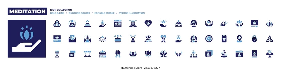 Meditation icon collection. Bold style. Duotone colors. video, yoga, hotstones, meditationsounds, meditation, enlightenment, mindfulness, chat, buddhism, invitation.