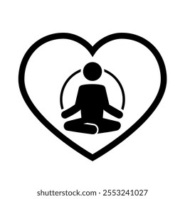 Meditation icon in flat style. Yogi in heart symbol in black. Meditating in the heart icon. Related to healthy living, yoga, meditation, relaxation Vector illustration for graphic design, web, app, ui