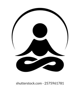 Meditation icon in flat style. Yogi with an arc of energy or aura symbol in black. Meditating sign. Related to healthy living, yoga, meditation, relaxation Vector illustration for graphic design, web