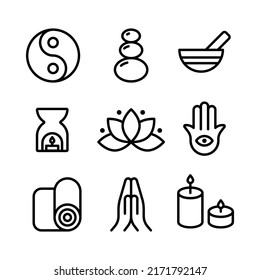 Meditation icon set. Black outline symbols. Concept of zen, calm, yoga and spirituality. Vector illustration, flat design