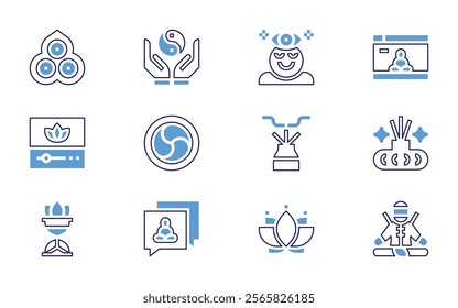 Meditation icon set. Bold line style. Duotone colors. Editable stroke. yoga, meditate, meditation, incense, chat, thirdeye, invitation, mudra, virtualclass, mobileapp, aroma.