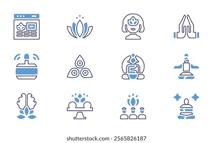 Meditation icon set. Bold line style. Duotone colors. Editable stroke. retreat, meditation, yoga, lotusposition, buddha, mentalbalance, mind, namaste, tibetanbowl.