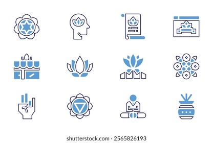 Meditation icon set. Bold line style. Duotone colors. Editable stroke. meditation, mandala, certificate, internationaldayofyoga, incense.