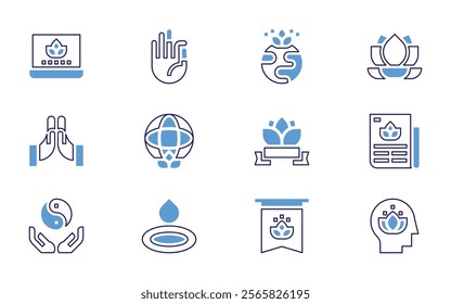 Meditation icon set. Bold line style. Duotone colors. Editable stroke. meditation, lotus, head, spa, newspaper, hand, internationaldayofyoga, manipura, pennant, heart, flower.