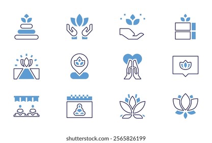 Meditation icon set. Bold line style. Duotone colors. Editable stroke. lotusflower, book, meditate, mindfulness, wellness, chakra, yogablock, yoga, virtualclass, chat, lotus.