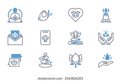 Meditation icon set. Bold line style. Duotone colors. Editable stroke. hotstones, yoga, meditation, enlightenment, lotus, lotusflower, location, love, mindfulness.