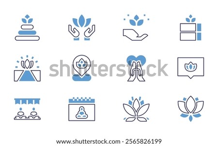 Meditation icon set. Bold line style. Duotone colors. Editable stroke. lotusflower, book, meditate, mindfulness, wellness, chakra, yogablock, yoga, virtualclass, chat, lotus.
