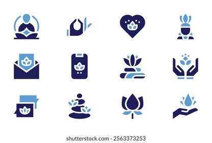 Meditation icon set. Bold style. Duotone colors. yoga, meditation, lotus, chat, lotusflower, love, invitation, mindfulness, mudra, mobileapp.