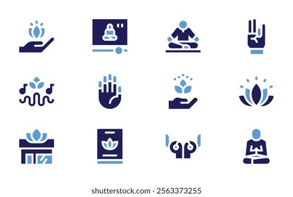 Meditation icon set. Bold style. Duotone colors. meditationsounds, book, mindfulness, chakra, yoga, yogapose, virtualclass, lotusflower.