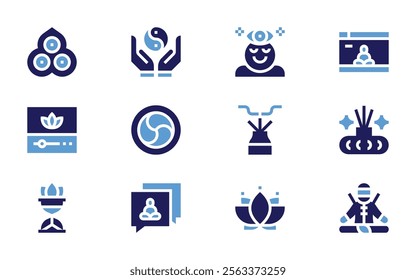 Meditation icon set. Bold style. Duotone colors. video, yinyang, meditate, meditation, incense, yoga, buddhism, thirdeye, virtualclass, chat, aroma.