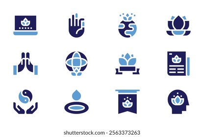 Meditation icon set. Bold style. Duotone colors. meditation, head, mudra, newspaper, laptop, drop, pennant, mindfulness, flower.