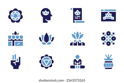 Meditation icon set. Bold style. Duotone colors. meditation, lotus, mandala, spa, hand, certificate, manipura, internationaldayofyoga, heart, incense.