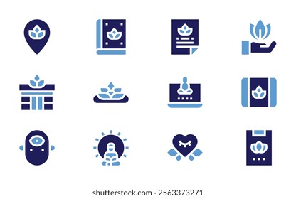 Meditation icon set. Bold style. Duotone colors. enlightenment, meditation, location, laptop, lotus, thirdeye, app, yogablock, yogacenter, book, poster.